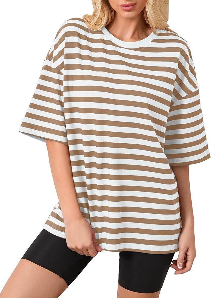 TERIVEEK Women Oversized Striped Color Block Short Sleeve Crew Neck T-Shirts Casual Loose Pullove... | Amazon (US)