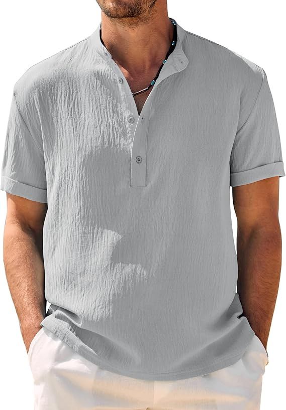 COOFANDY Men's Casual Henley Shirt Band Collar Short Sleeve Shirt Summer Beach Hippie Shirt | Amazon (US)