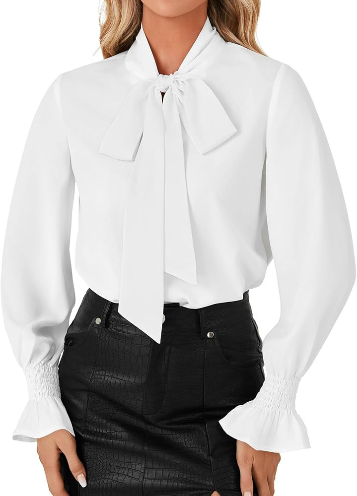 LYANER Women's Bow Tie Front Smocked Long Sleeve Blouse Elegant Office Shirt Top | Amazon (US)