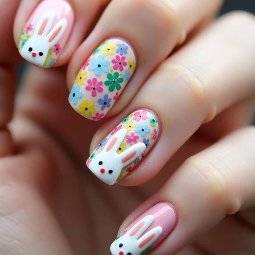 24 Pcs Easter Press on Nails Cute Bunny & Flower Design Short Square Fake Nail Reusable Acrylic N... | Amazon (US)