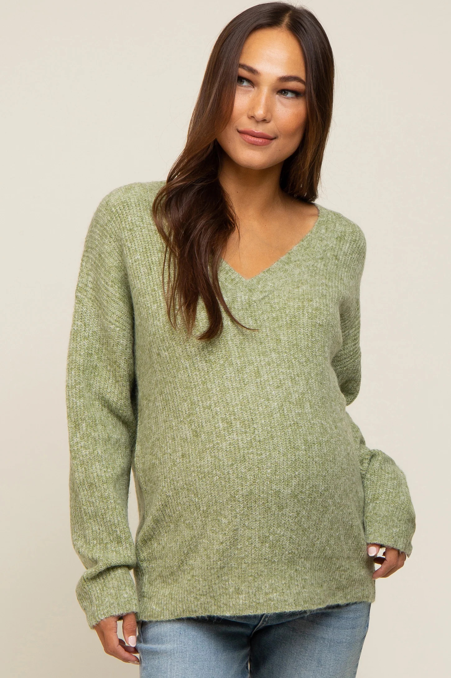 Olive V-Neck Relaxed Fit Maternity Sweater | PinkBlush Maternity