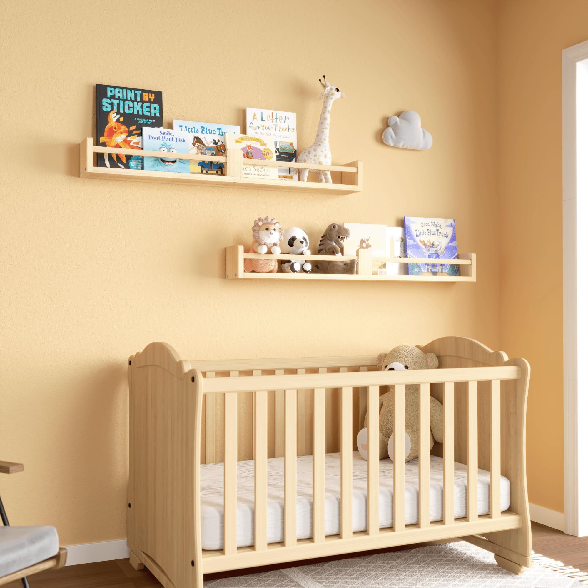 32 Inch Nursery Book Shelves, Floating Shelves Set of 2, Wall Mounted Hanging Shelves for Kids Room Wall, White Wall Shelf, Baby Book Shelves for Kids Bedroom Decor Organizer - Natural Wood | Amazon (US)