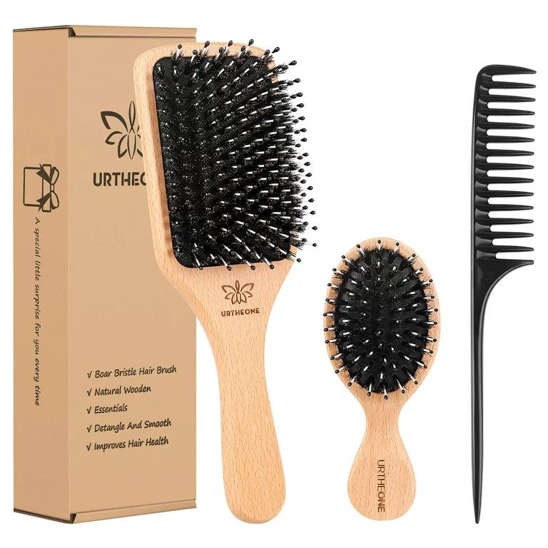 Boar Bristle Hair Brush and Comb Set for Women Men Kids, Best Natural Wooden Paddle Hairbrush and... | Walmart (US)