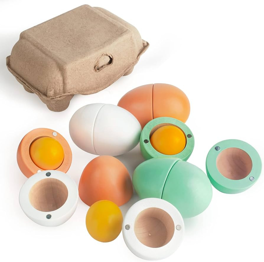 WHOHOLL Wooden Eggs, Play Food Sets for Kids Kitchen, Easter Fake Eggs with Magnetic Separable Yo... | Amazon (US)