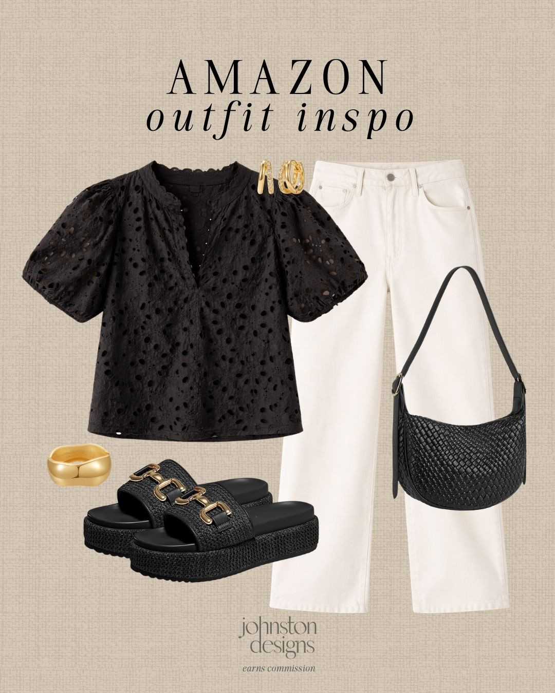 Amazon outfit inspo featuring a black eyelet puff sleeve blouse paired with crisp white straight leg denim for a clean elevated contrast, styled with woven black platform sandals, a textured shoulder bag and gold jewelry for a polished everyday look that feels effortless and put together. 🖤

#amazonoutfitinspo #blackandwhiteoutfit #elevatedcasual #everydayoutfitideas #amazonfashionfinds #minimalstyle #chicoutfitideas #springoutfitinspo #ltkstyle #neutralstyle 

 #LTKootd