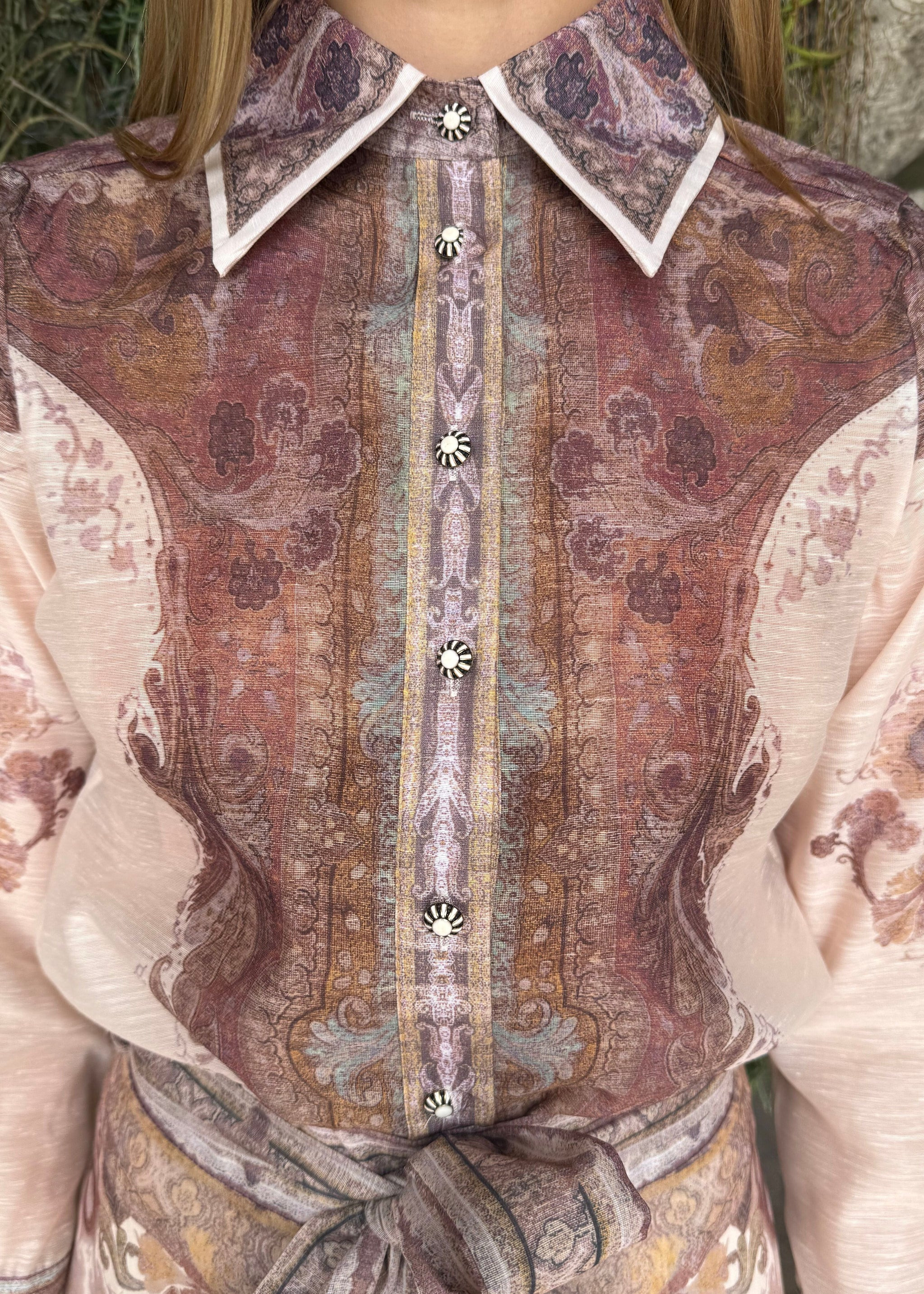 Katherine Long Sleeve Button Down Top - Pink and Brown | Benaar La