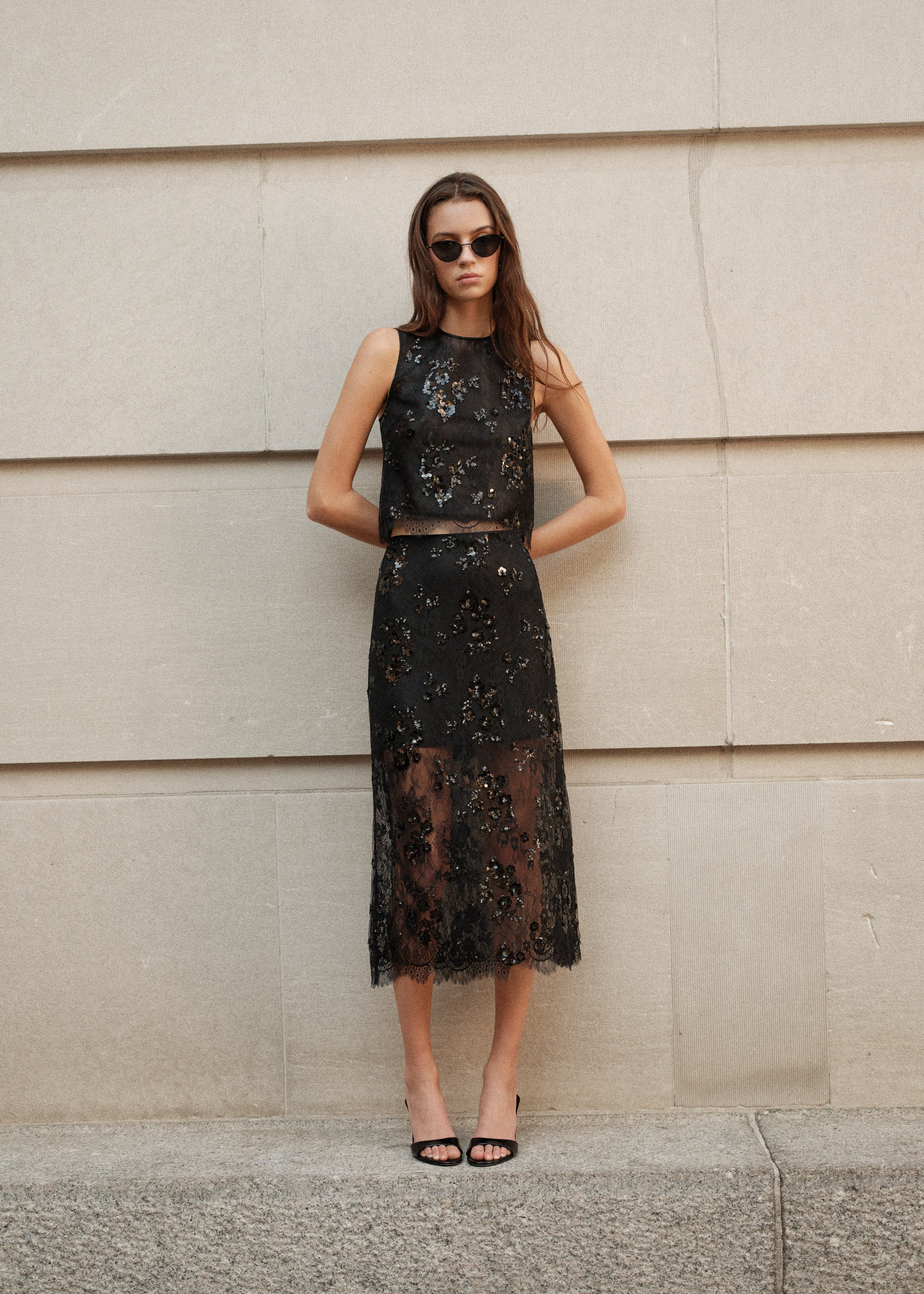 Aylin Sequin Lace Midi Skirt Black | CAMI NYC