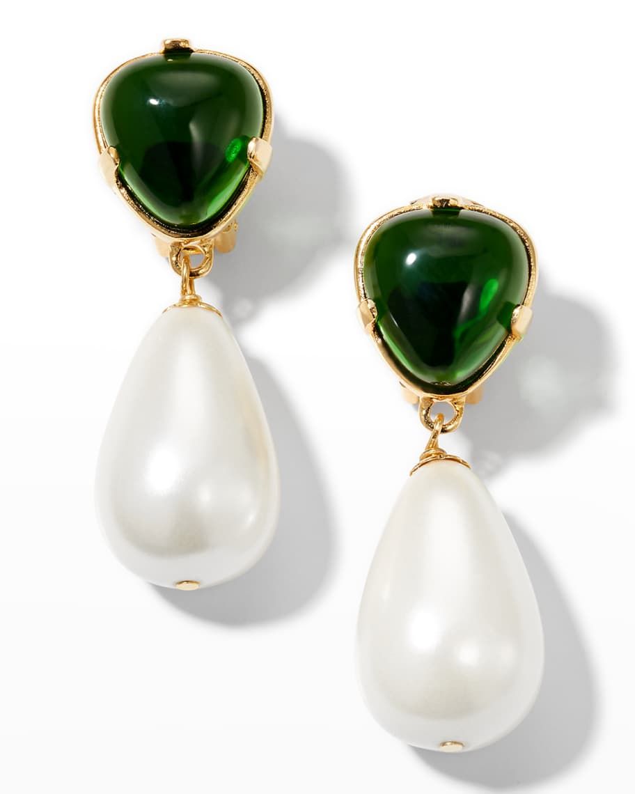 Kenneth Jay Lane Emerald Top with Pearly Drop Clip Earrings | Neiman Marcus