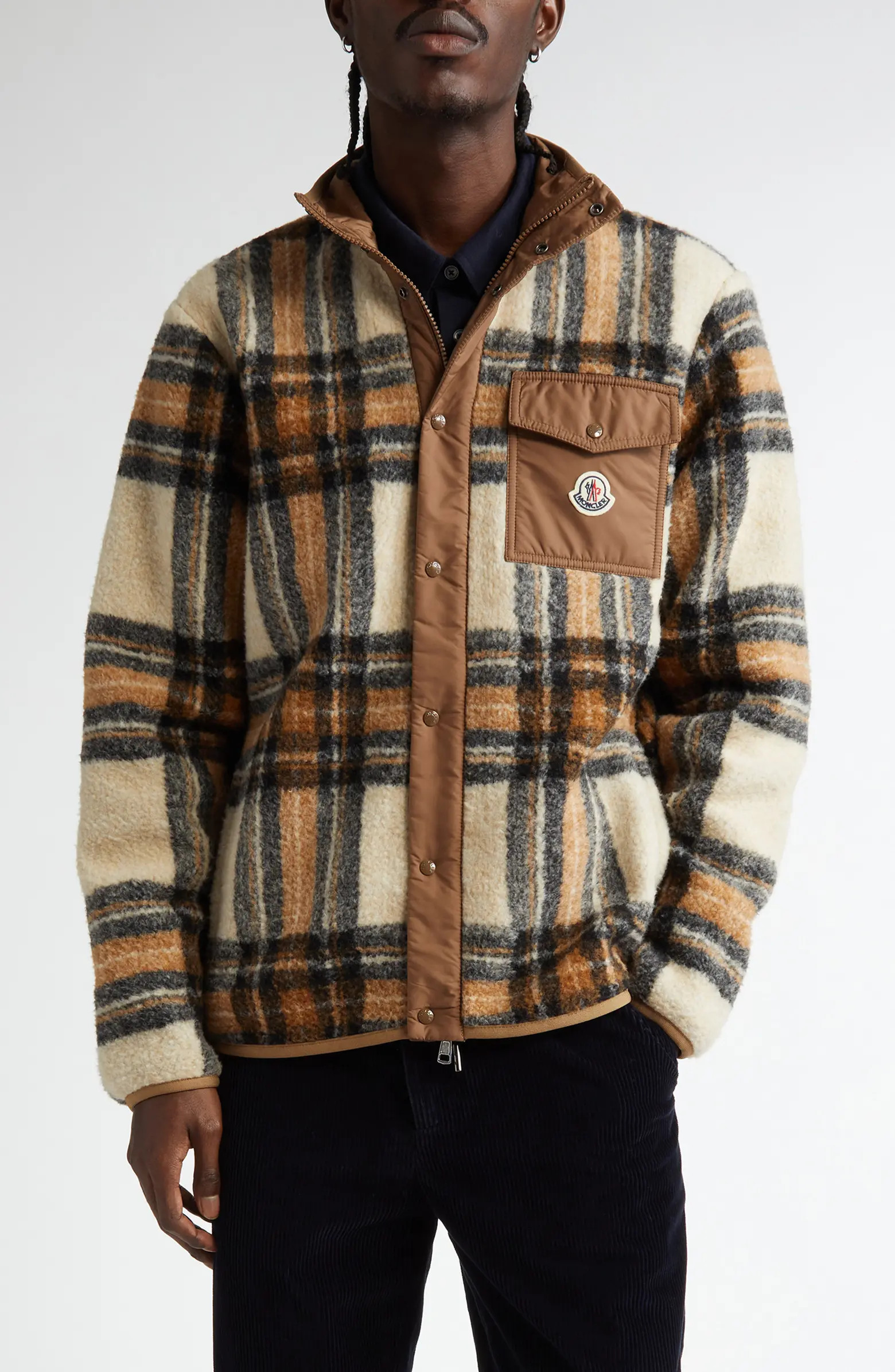 Moncler Plaid High Pile Fleece Snap-Up Jacket | Nordstrom | Nordstrom