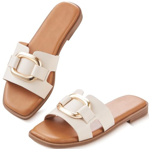 YTSKJ Womens Sandals Slip On Flat for Summer Comfortable Ladies Dressy Fashion Square Open Toe Slides Faux Leather Casual Shoes with Metal Decor Gold Beige Size 9 | Amazon (US)