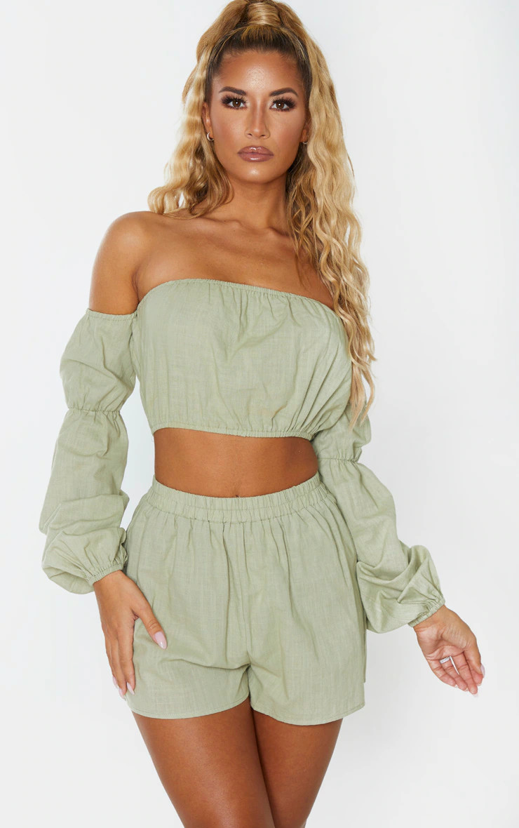 Pale Khaki Linen Look Elasticated Beach Shorts | PrettyLittleThing US