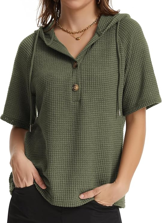 Hoodies Sweatshirt for Women Waffle Long Sleeve Oversized Sweaters Drawstring Button V Neck Casua... | Amazon (US)