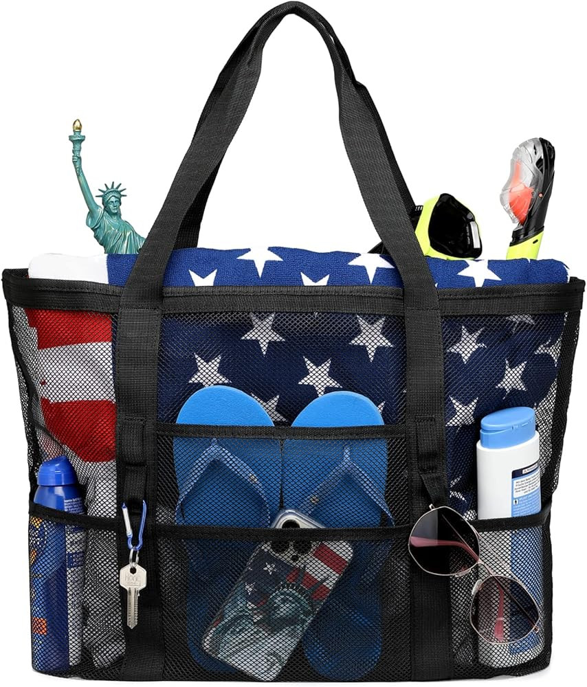 Beach Bag, F-color Mesh Beach Bag Oversized Beach Tote 9 Pockets Beach Toy Bag | Amazon (US)
