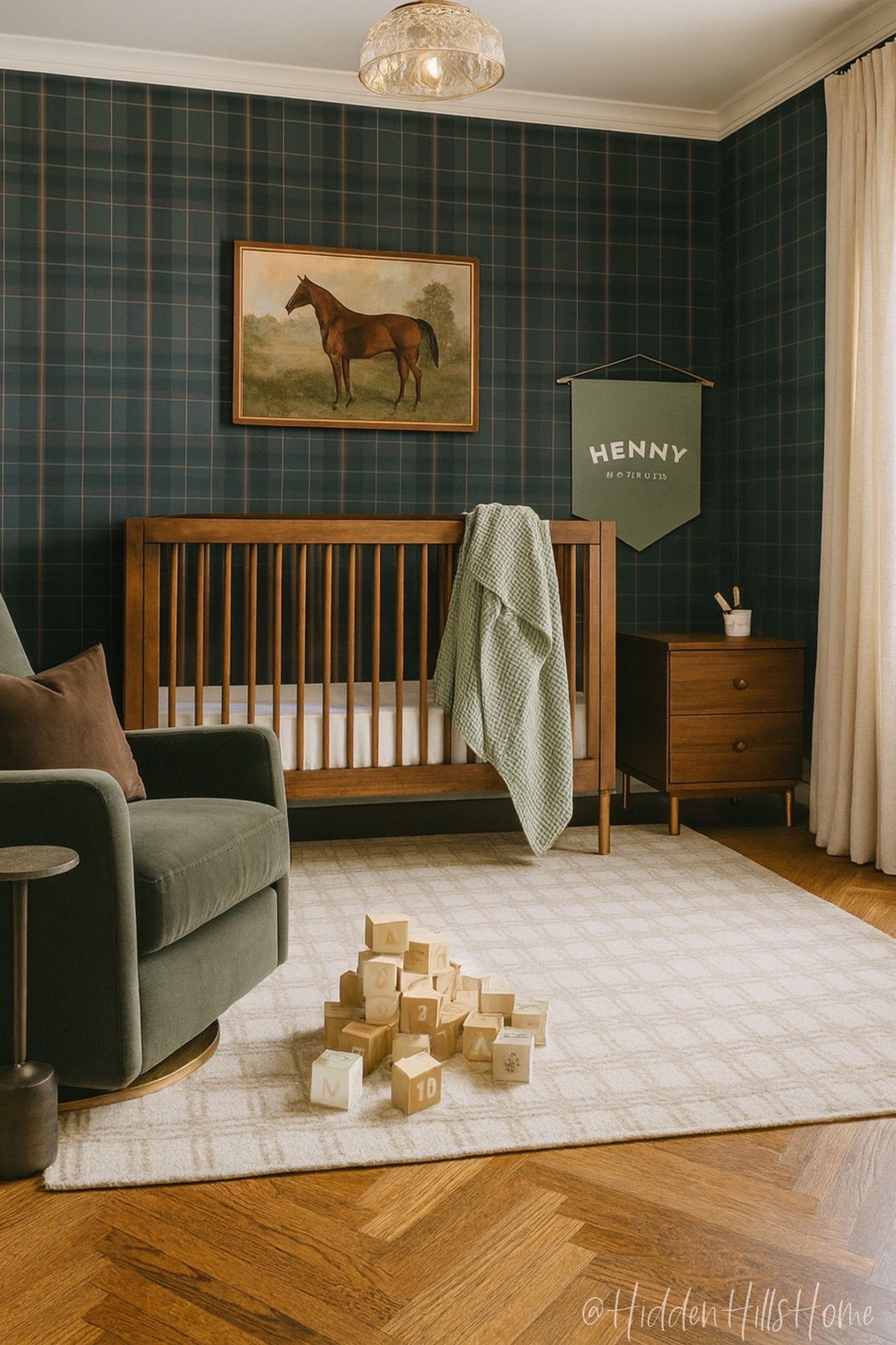 Ralph Lauren inspired nursery decor, crib, Baby boys nursery, plaid wallpaper mood board, vintage inspired boys nursery mood board, boys horse nursery design #boys

#LTKHome #LTKSaleAlert #LTKKids