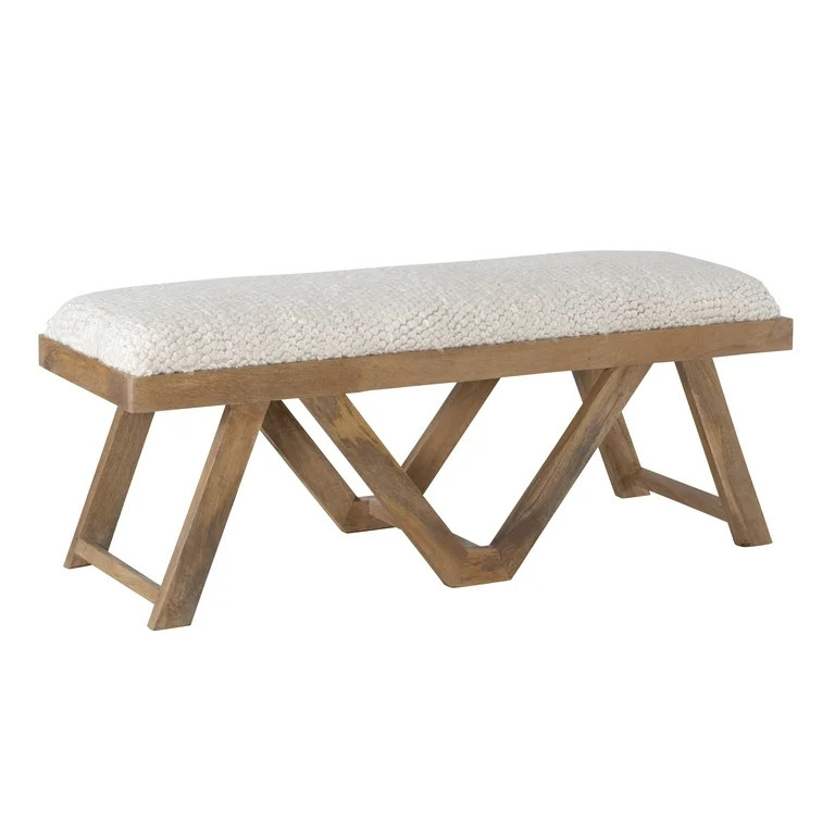 Powell Feeney Bench, 19" Seat Height, Brown Finish with Off-White Fabric - Walmart.com | Walmart (US)