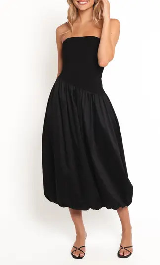 Annalyse Strapless Bubble Hem Mixed Media Midi Dress | Nordstrom