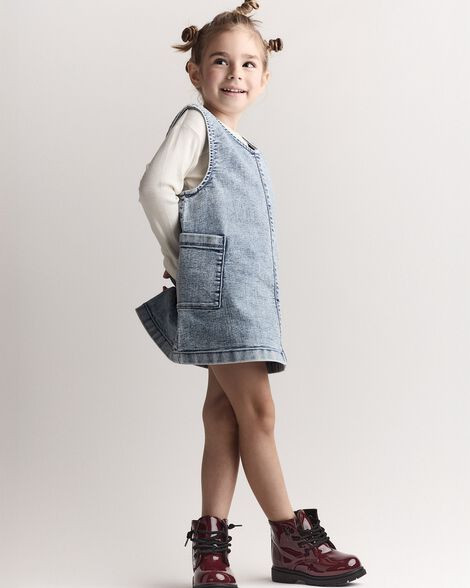 Toddler Girl Otter Pocket Denim Jumper in Avenue Wash - Blue | Carter's Inc