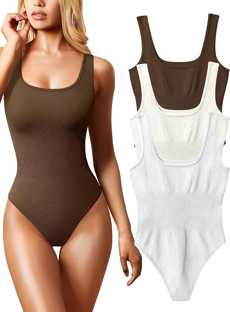 OQQ Women's 3 Piece Bodysuits Sexy Ribbed Sleeveless Square Neck Sleeveless Tank Tops Bodysuits | Amazon (US)