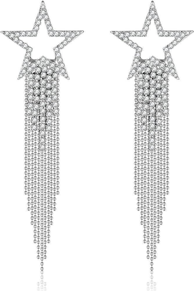 MOLOCH Star Earrings Rhinestone Star Tassel Earrings for Women Sparkly Crystal Waterfall Fringe E... | Amazon (US)