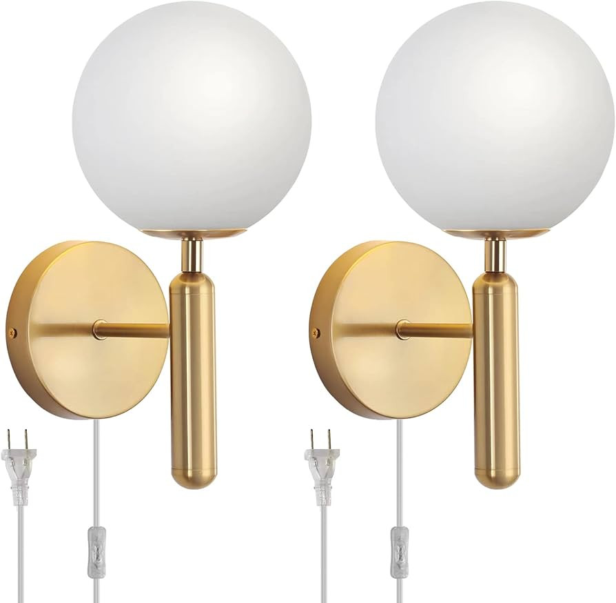 Gold Plug in Wall Sconces Set of 2, 3 Colors Stick on Wall Lamp with Plug in Cord, Luxury Mid Cen... | Amazon (US)