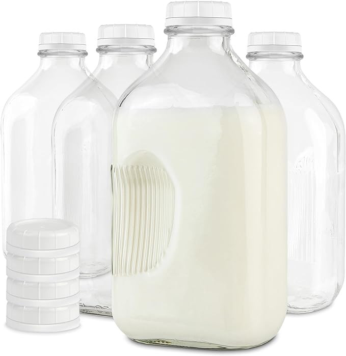 Stock Your Home Half Gallon Glass Milk Bottle with Lid (4 Pack) 64 Oz Jugs and 8 White Caps, Reus... | Amazon (US)
