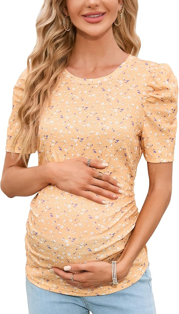 Maternity Shirts Women's Casual Floral Print Tops Pregnancy Puff Short Sleeve Striped Ruched Side... | Amazon (CA)