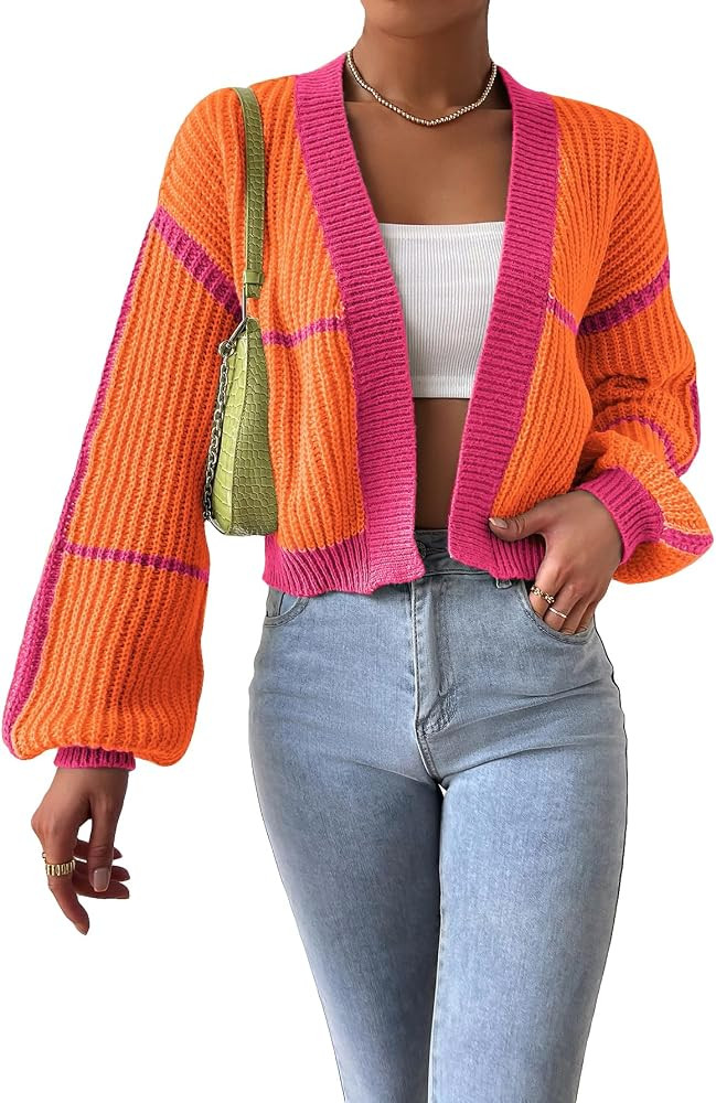 SweatyRocks Women's Casual Color Block Long Sleeve Open Front Cardigan Sweater Top | Amazon (US)