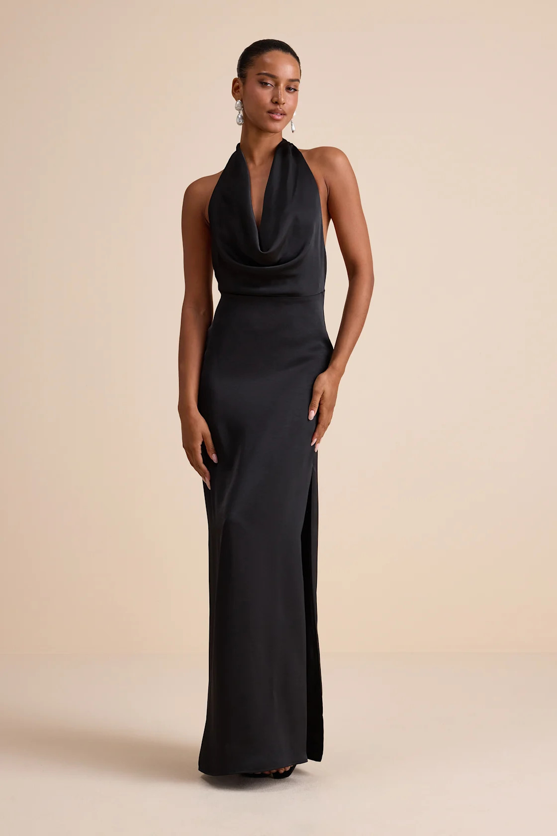 Carmelo Black Satin Halter Neck Backless Maxi Dress | Lulus
