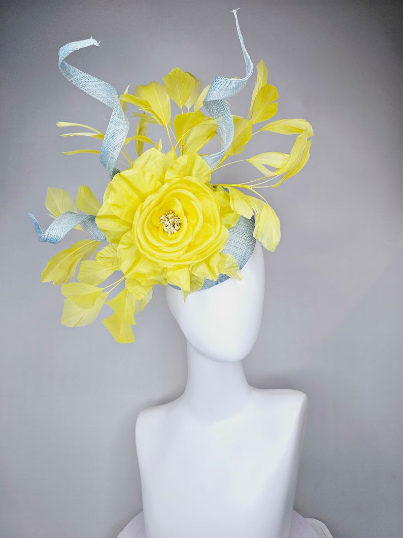 Kentucky Derby Hat Fascinator Ligt Blue Sinamay With Curls With Silk Yellow Flowers With Yellow F... | Etsy (US)