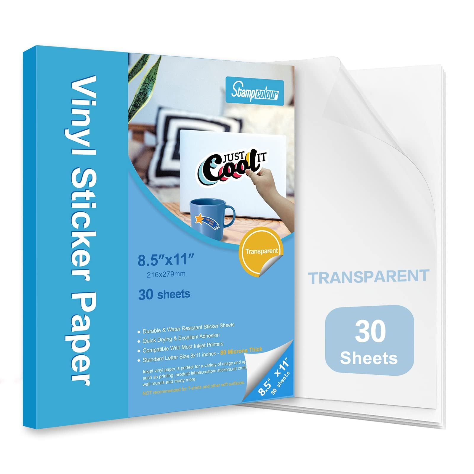 Stampcolour Printable Vinyl Sticker Paper,Transparent 30 Clear Self-Adhesive Sheets,No-Waterproof... | Amazon (US)