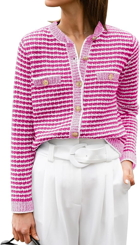 ANRABESS Women's Striped Cardigan Sweaters Casual Long Sleeve Open Front Button Down Knit Cropped... | Amazon (US)