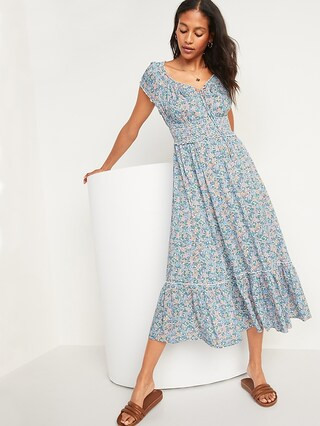 Smocked Waist-Defined Floral-Print Midi Dress for Women | Old Navy (US)