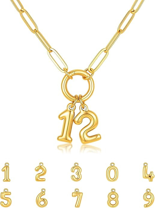 Gold Number Necklace for Women - 18k Gold Plated Necklace with Interchangeable Charm Pendant. Non... | Amazon (US)