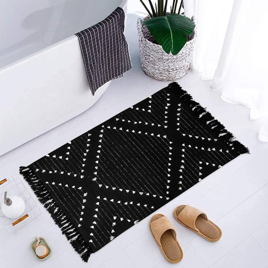 LIVEBOX Boho Black Bathroom Rug 2 x 3 Washable Throw Rugs, Small Cotton Woven Bath Mat, Moroccan ... | Amazon (US)