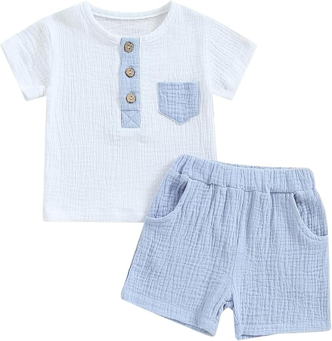 fhutpw Baby Boy Summer Outfits Henley Shirt Soft Pocket Short Sleeve Tops & Shorts Sets Infant 3 ... | Amazon (US)