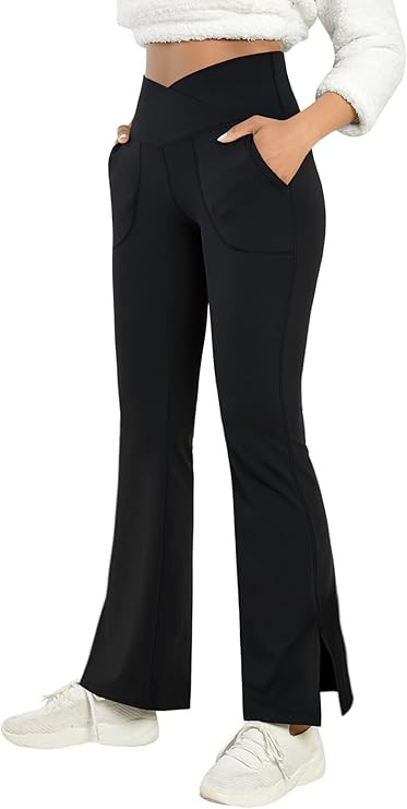 Women's Bootcut Yoga Pants Work Pants Crossover Split Hem Full Length Flare Leggings with Pocket | Amazon (US)