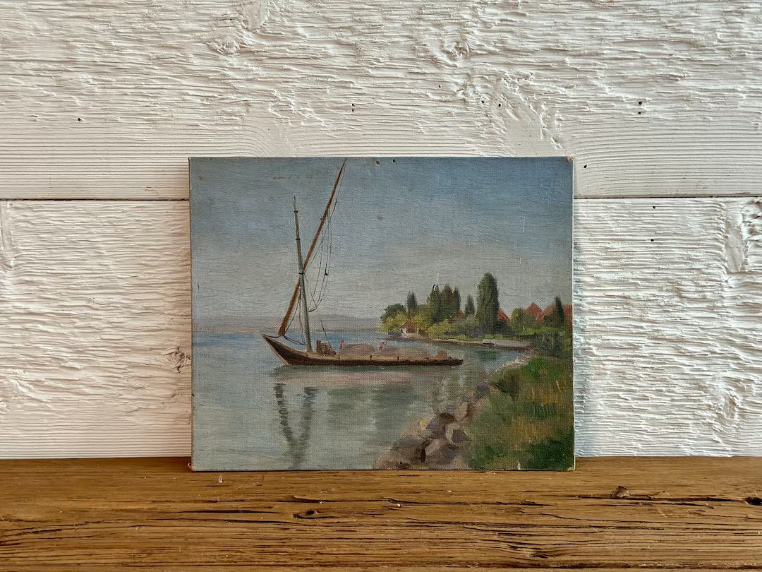 Antique Original Oil Painting of Coastal Landscape, Fishermen in Sail Boat, Authentic Painting on... | Etsy (US)
