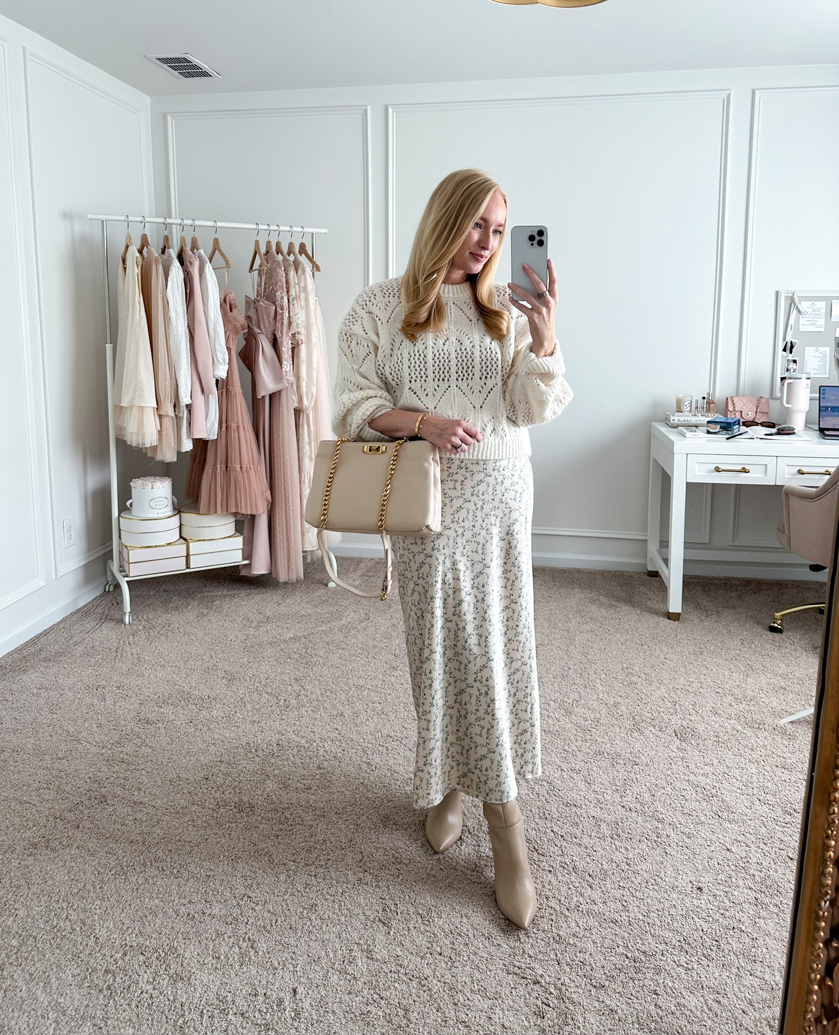 Love this elevated fall look from the Nordstrom Anniversary sale! Would be so pretty for fall photos or a dressy workwear look. Wearing size small in the sweater and skirt. Fall outfits // work outfits // elevated workwear // fall event outfits // NSale 

#LTKxNSale #LTKStyleTip #LTKWorkwear