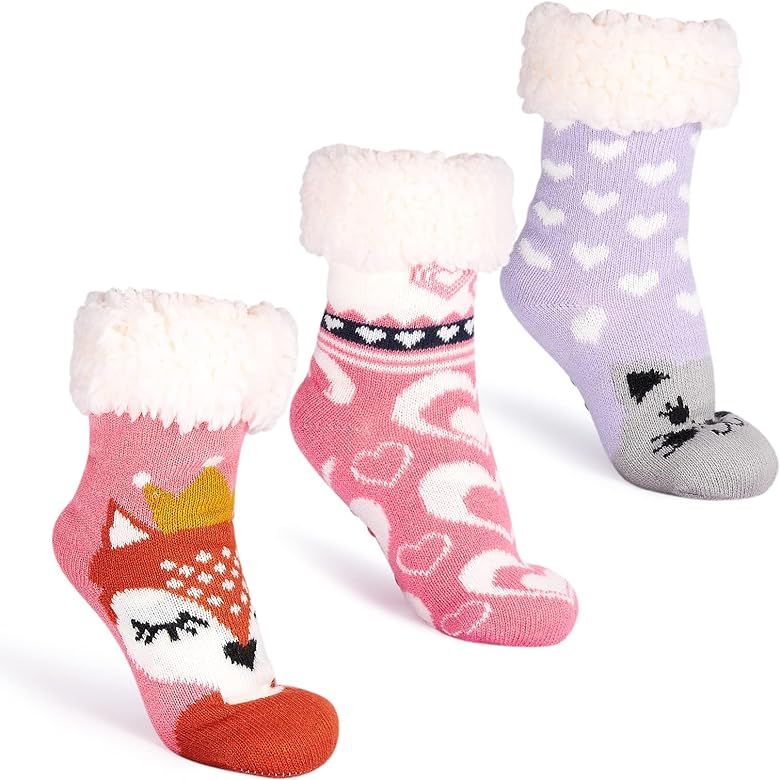 Cozople 3 Pairs Boys Girls Fuzzy Slipper Socks Kids Winter Cozy Thermal Fluffy Fleece Lined Christma | Amazon (US)