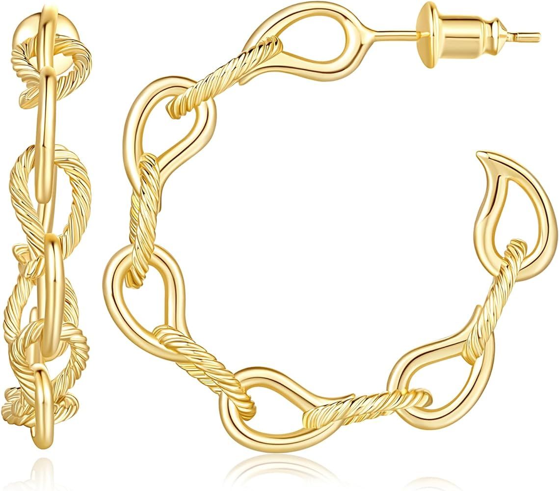 14K Gold Hoop Earrings for Women Gold Earrings Hoops C-Shaped Big Hoop Earrings with Leaf Clasp D... | Amazon (US)