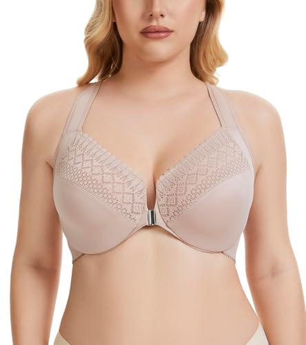 Oscrenia Plus Size Racerback Front Closure Bra for Women Unlined Underwire Wide Strap(Purple Nude,40G) | Amazon (US)