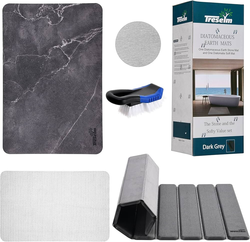 TRESELM 2PC Rollable Stone Bath Mat and Soft Diatomaceous Earth Bath Mat with Anti Slip Pad and B... | Amazon (US)
