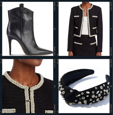 Tweed suit. Chanel inspired. Pearl details. Tweed and pearl suit. Co-ord. Tweed. Classic style. Knotted headband. Glam outfit. Bedazzled bootie. Bejeweled. Lele. Black booties. Holiday outfit. Black outfit  

#LTKSeasonal #LTKshoecrush