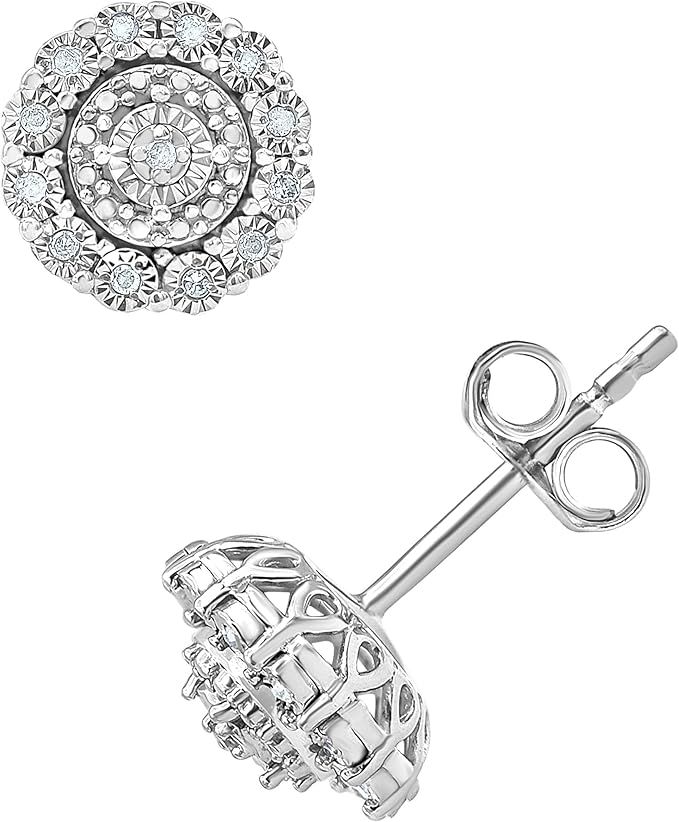 1/10 Carat Diamond, Prong-Set Sterling Silver White Round Diamond Miracle Cluster Halo Stud Earri... | Amazon (US)
