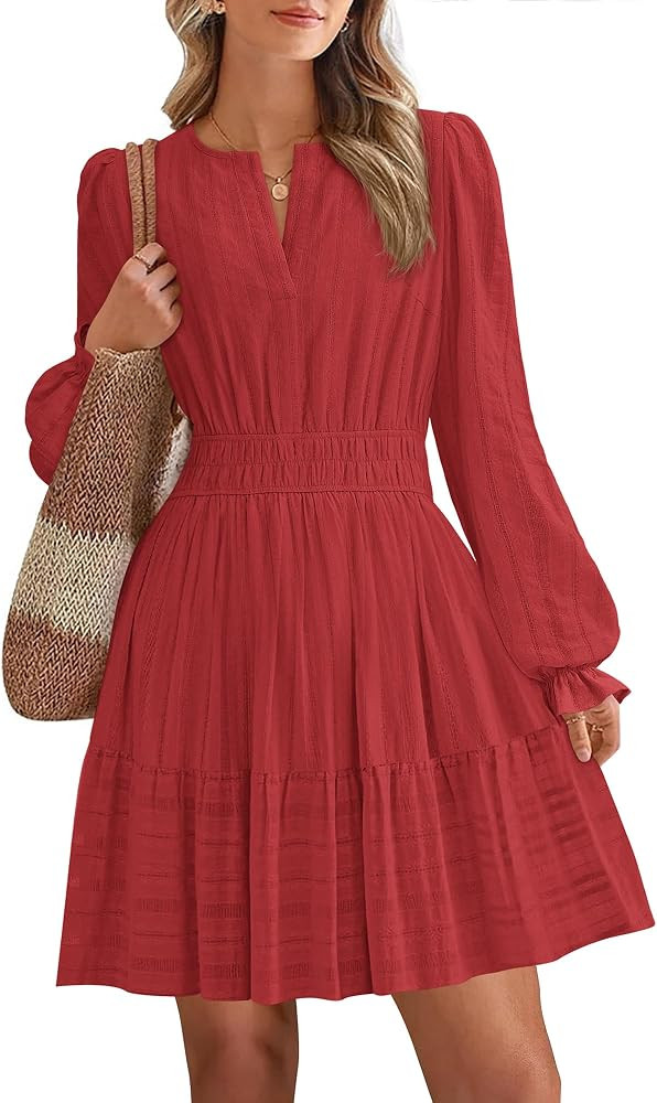 BTFBM Mini Dresses for Women 2026 Casual Lightweight Long Sleeve V Neck A Line Elastic Waist Part... | Amazon (US)