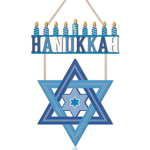 HPNIUB Happy Hanukkah Welcome Door Sign, Chanukah Candlestick Star Wooden Hanging Plaque, Blue Festival Front Door Hanger for Indoor Outdoor Home Porch Window Decor | Amazon (US)