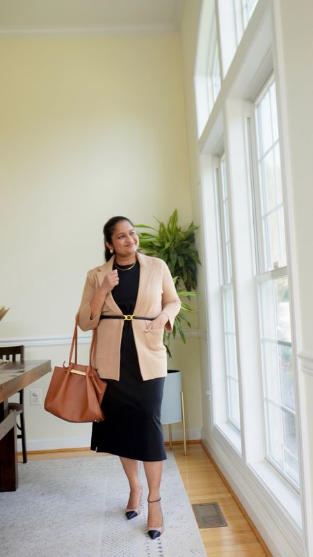 Spring workwear outfit, office outfit ideas

@target t-shirt dress in size M 
@quince sweater blazer in size S
@paris64 bag
@stevemadden heels 
@gorjana Parker chain necklace 

#LTKVideo #LTKworkwear #LTKmidsize