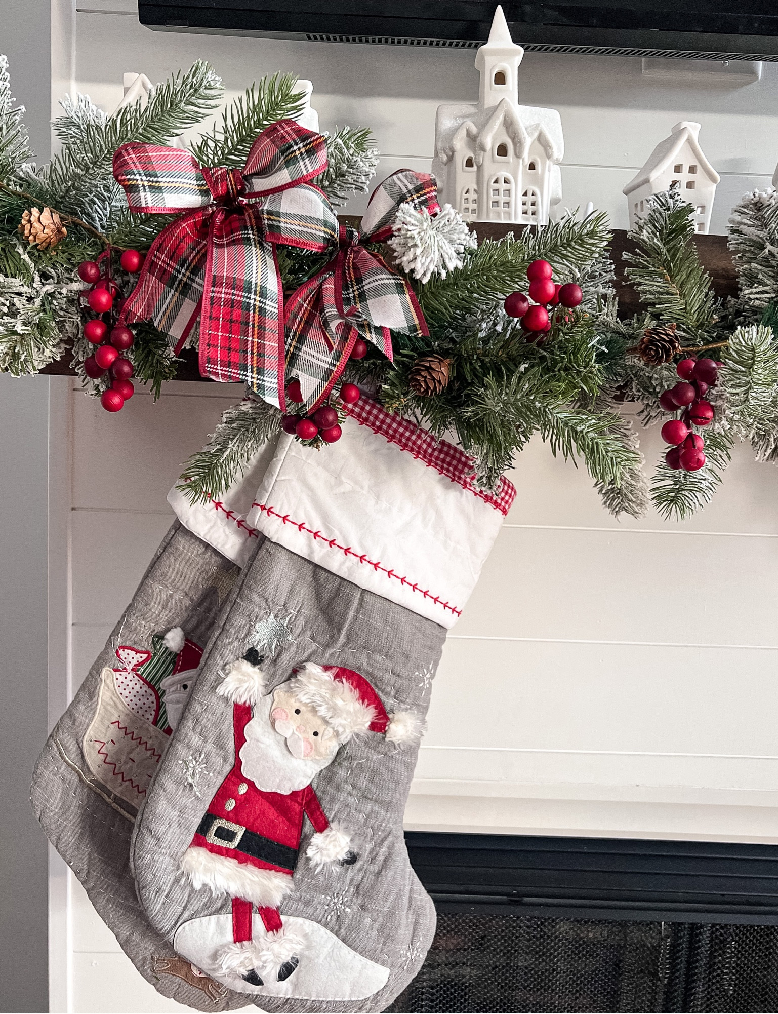 Christmas mantel! Flocked garland, red berries, plaid ribbon and stockings!

Holiday. Christmas Decor. Fireplace. 

#LTKSeasonal #LTKhome #LTKHoliday