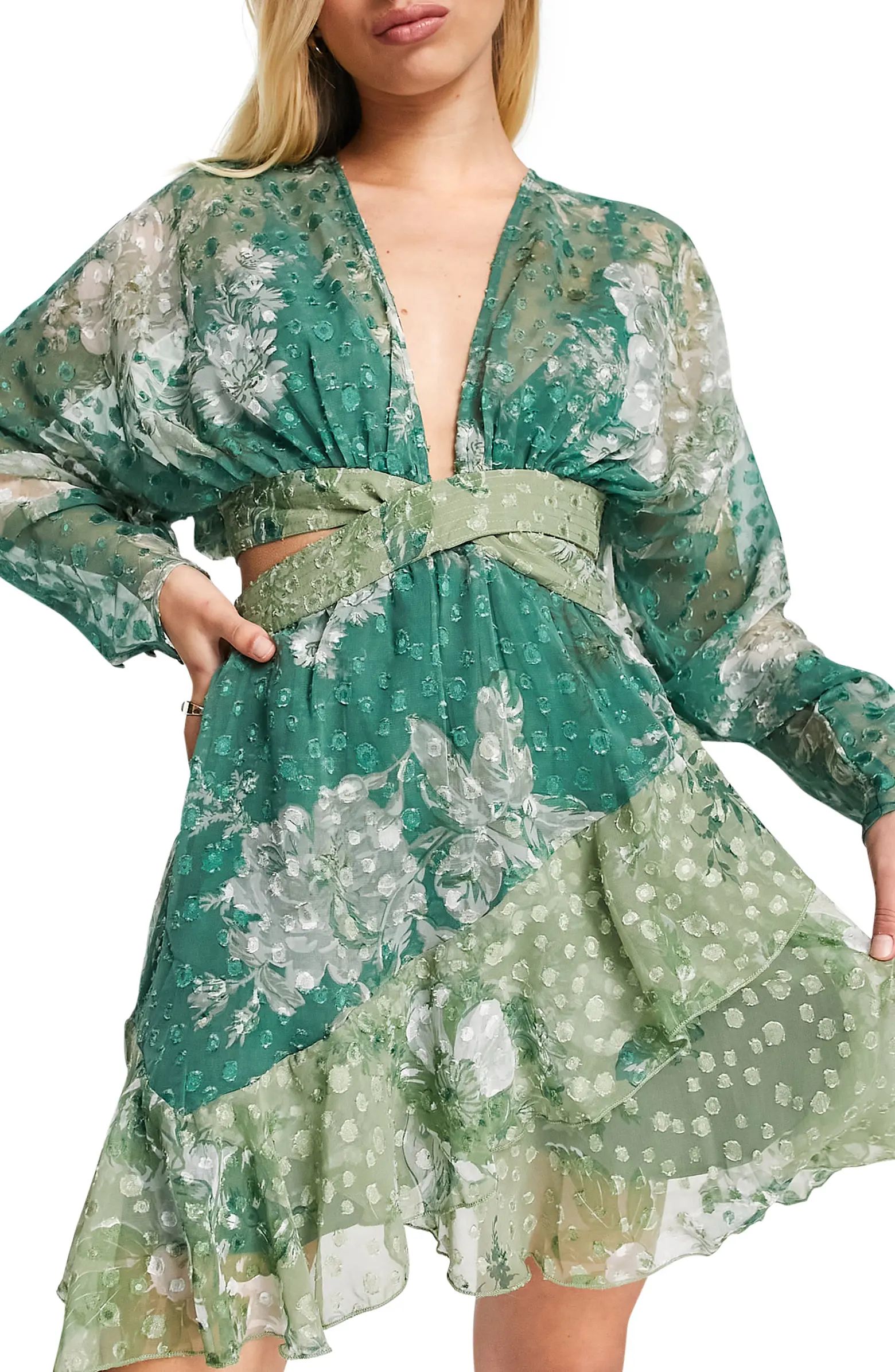 ASOS DESIGN Floral Dobby Long Sleeve Chiffon Dress | Nordstrom | Nordstrom
