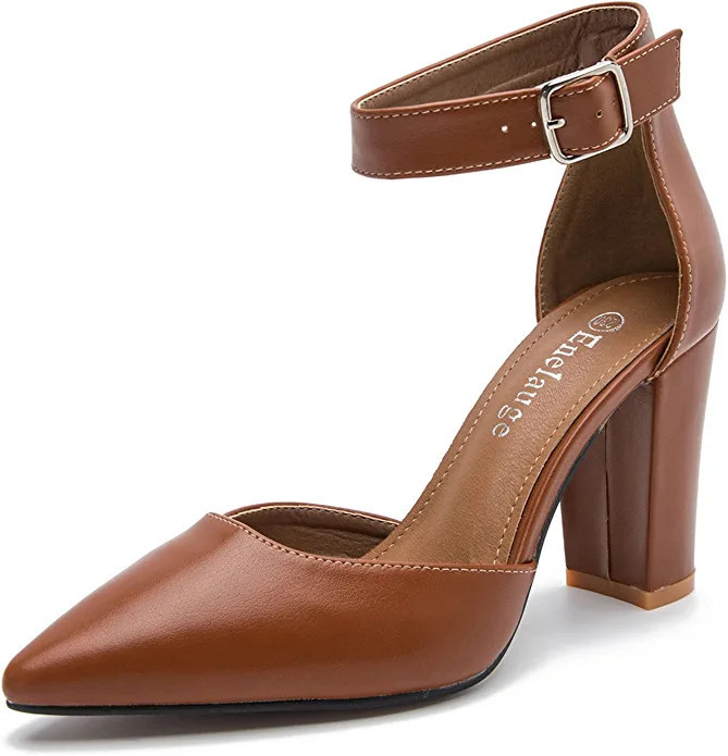 Enelauge Women's Pointed-Toe Ankle Strap High Chunky Block Heel Dress Pump Shoes | Amazon (US)